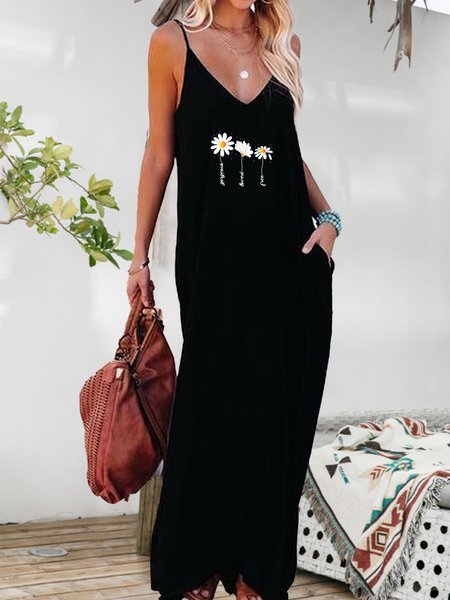 

V Neck Casual Floral Short Sleeve Knit Dress, Black, Maxi Dresses