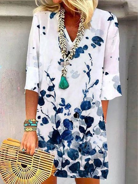 

Casual V neck Loosen Floral Three Quarter Woven Dress, White, Mini Dresses