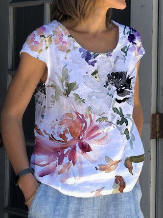 

Loosen Floral Basics Short Sleeve Tops, White, T-Shirts
