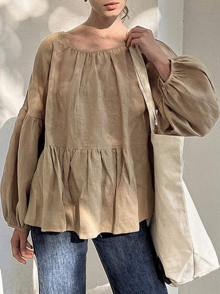 

Ruched Cotton Bishop Sleeve Long Sleeve Blouse Tops, Apricot, Tops
