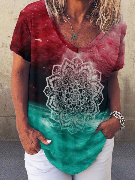 

Ombre Mandala Print V-Neck Short Sleeve T-Shirt, As picture, T-shirts