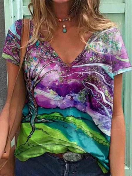 

Abstract Romantic Landscape Print Loosen Casual V Neck Short Sleeve T-Shirt, Flower, T-Shirts