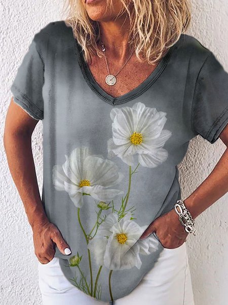 

Floral Short Sleeves V Neck Plus Size Casual T-Shirt, Gray, T-Shirts