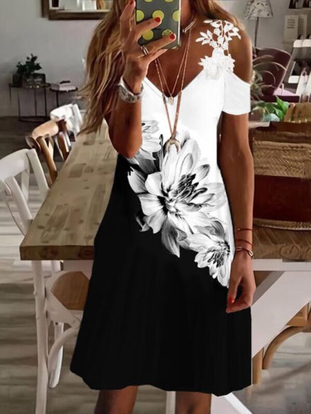 

Casual Floral V Neck Short Sleeve Knit Dress, As picture, Mini Dresses