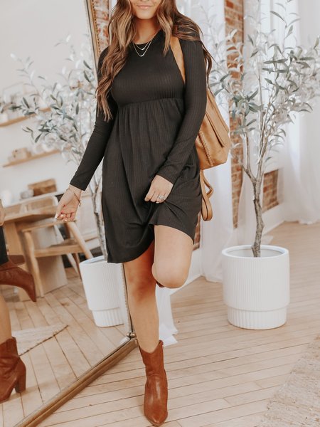 

Crew Neck Long Sleeve Knit Dress, Black, Dresses