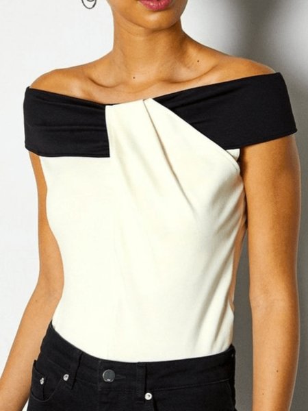 Spring Slim Fit Off The Shoulder Short Sleeve Daily LightweightTops, Black-white, Tops