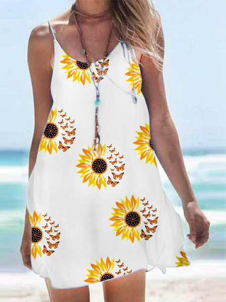

sunflower print slip dress Casual Short Sleeve Knit Dress, White, Dresses