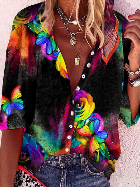 

Cotton Blends Butterfly Vacation Mid Sleeve Blouse, Black, Shirts & Blouses