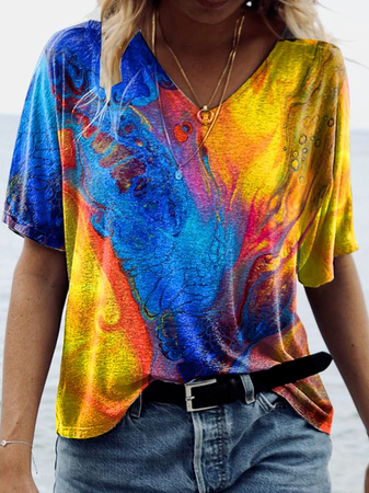 

V Neck Loosen Short Sleeve T-Shirt, Multicolor, T-Shirts