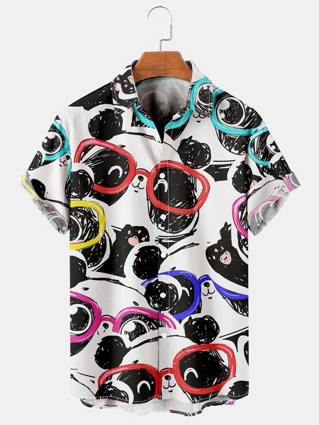 

Mens Panda Print Casual Breathable Short Sleeve Shirt, White, Men's Floral shirt