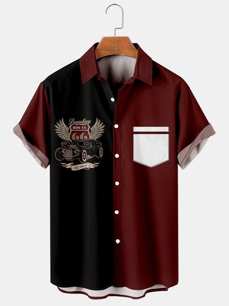 

Mens Racing Print Casual Breathable Bowling Shirt, Black-red, Men's Floral shirt