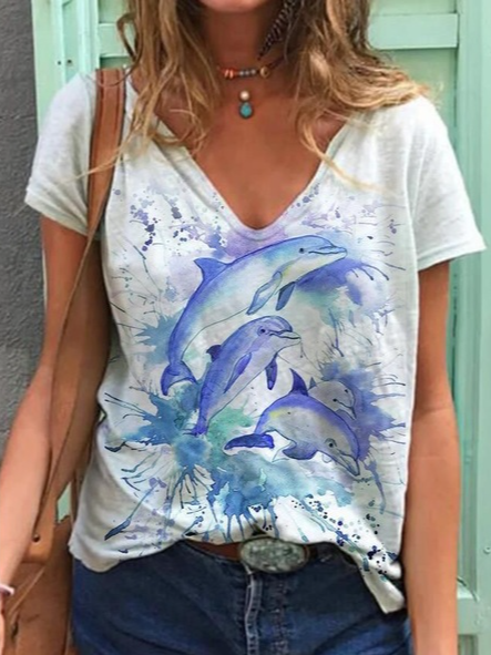 

Sea Animal Casual V Neck Short Sleeve Tops, White, T-Shirts