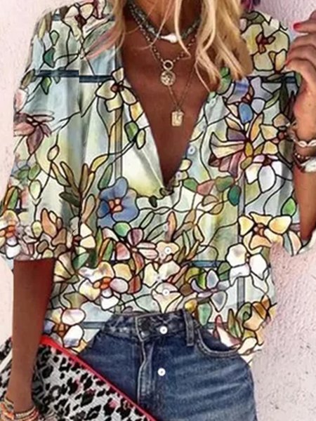 

Loosen Floral Vacation long sleeve Long Sleeve Blouse, Multicolor, Shirts & Blouses