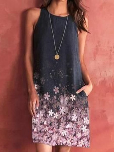

Round Neck Pockets Floral Short Sleeve Woven Dress, Black, Mini Dresses