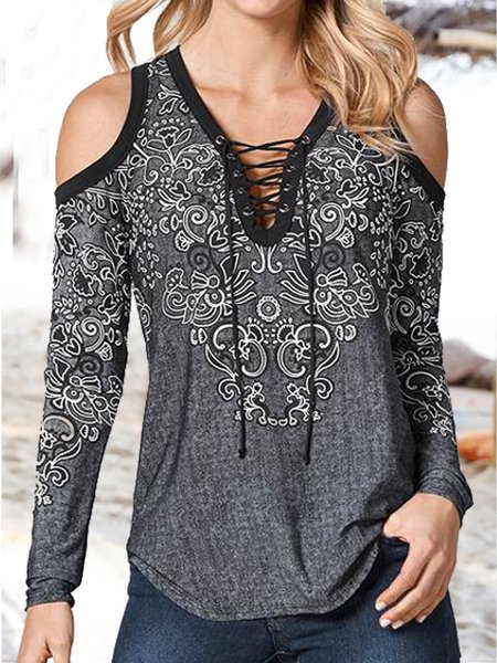 

Casual Paisley Long Sleeve Blouse Tops, Deep gray, Tops