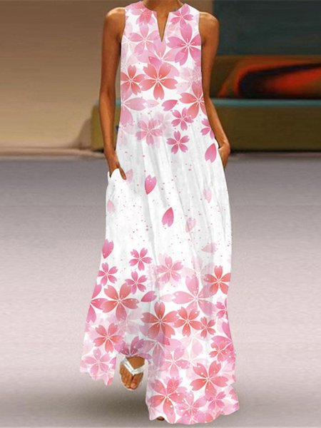 

Floral Boho Pockets V Neck Loosen A-line Dress, White, Maxi Dresses