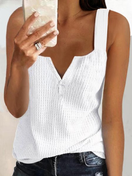 

Casual V neck Solid Sleeveless Knit Tank Tops, White, Tank Top