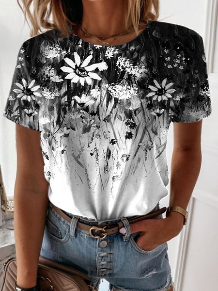 

Casual Floral Short Sleeve T-Shirt, Black-white, T-Shirts