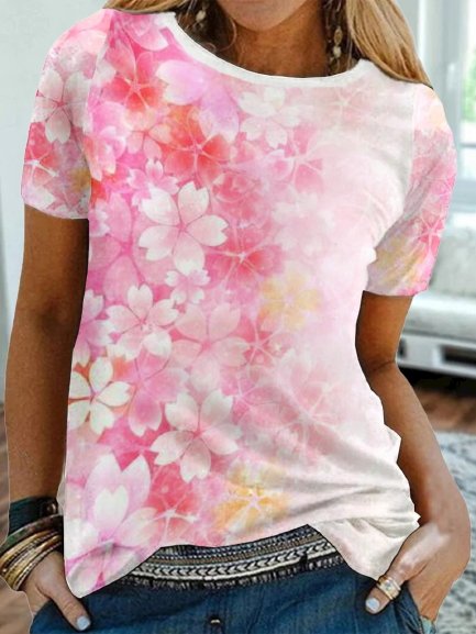 

Floral Cherry Blossoms Short Sleeves Crew Neck Plus Size Casual T-Shirt, Pink-white, T-Shirts
