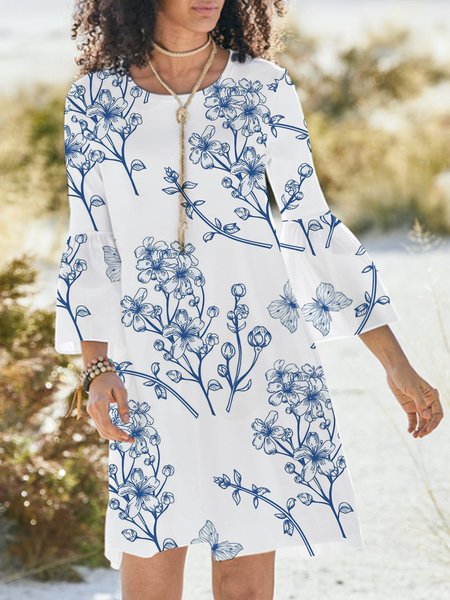 

Vacation Round Neck Flare Sleeve Long Sleeve Knit Dress, White, Dresses