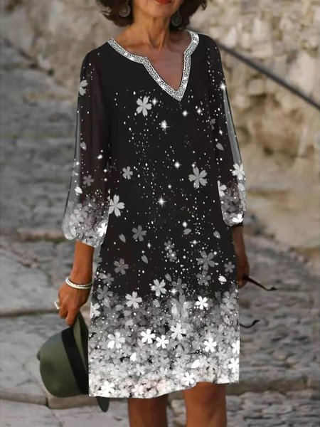 

V Neck Vacation Ombre Floral Three Quarter Woven Dress, Black, Dresses