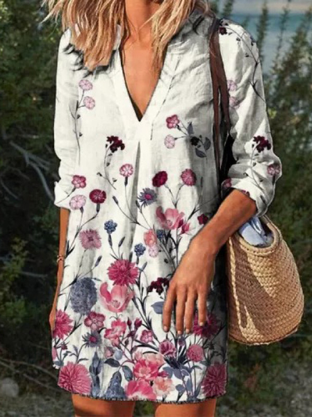 

Vacation Loosen Floral Long Sleeve Women Dress, White, Mini Dresses