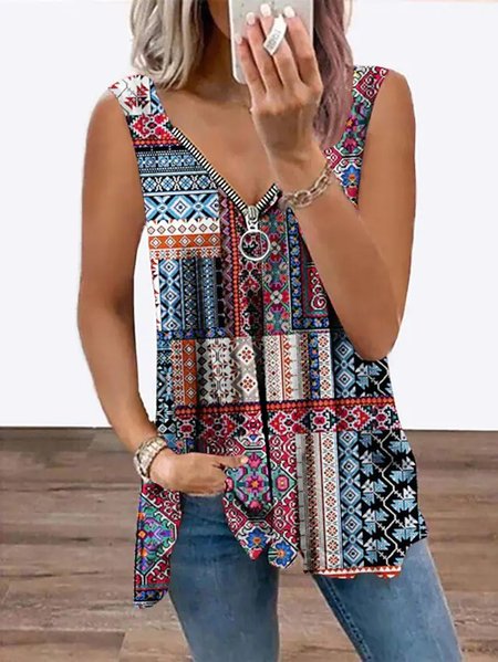 

V Neck Regular Fit Tribal Short Sleeve Tops, Multicolor, Tanks & Camis