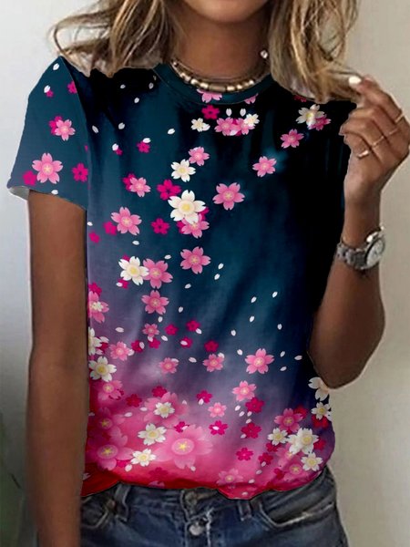 

Floral Cherry Blossoms Short Sleeves Crew Neck Plus Size Casual T-Shirt, Multicolor, T-Shirts
