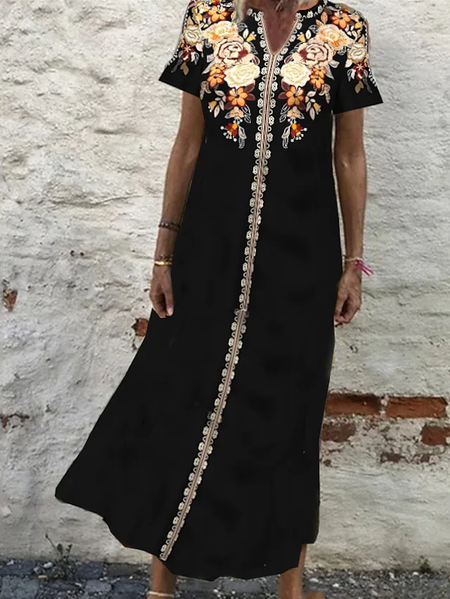 

Casual Tribal Regular Fit Short Sleeve Women Dress, Black, Maxi Dresses