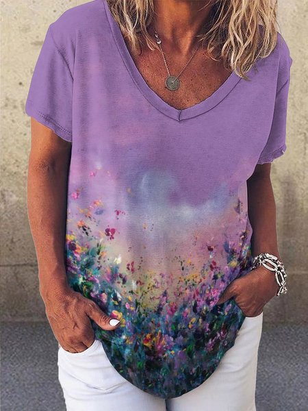 

Floral Gradient Print V-Neck Short Sleeve T-Shirt, Purple, T-shirts