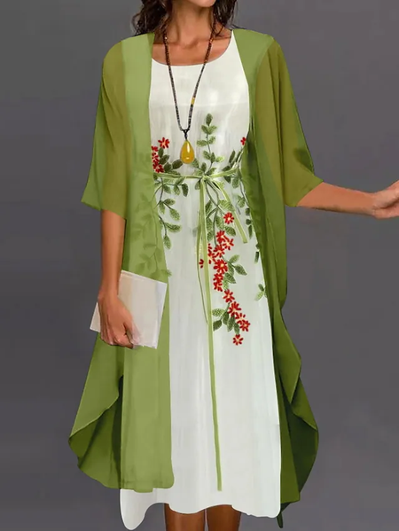 

Floral Dress Casual Crew Neck Two Piece Sets, Green, Midi Dresses