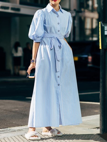 

Elegant Striped Shirt Collar Work Woven Dress, Blue, Maxi Dresses