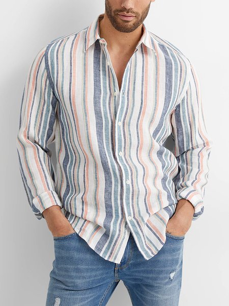 

Men's Lapel Striped Print Long Sleeve Shirt, Blue, Blouses&Shirts