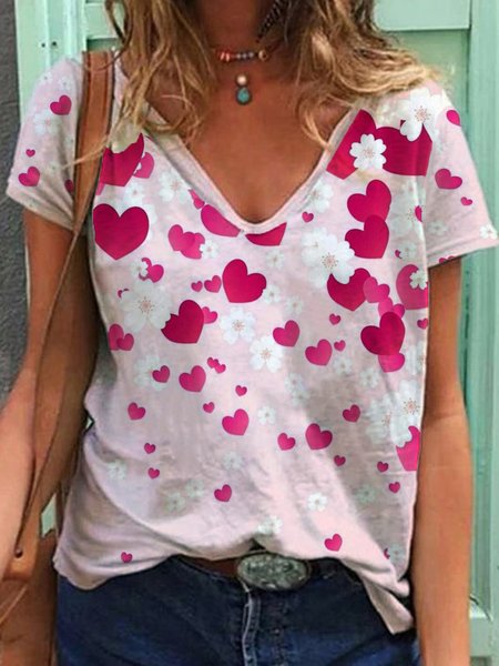 

Hearts Cherry blossoms Printed V Neck Casual Short Sleeve T-Shirt, White, T-Shirts