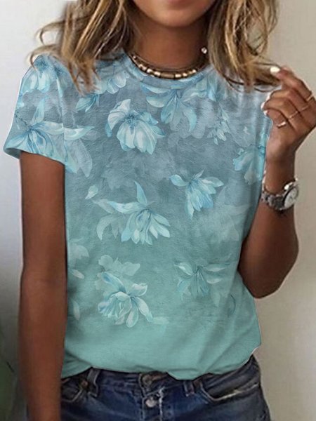 

Floral print holiday blouse T-shirt Plus Size, Aqua blue, T-Shirts