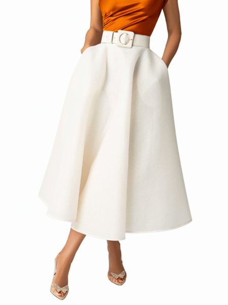 Summer A LineA Loosen Long Mid-weight Elegant Skirt, White, Maxi Skirts