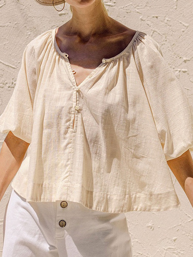 

Casual Cotton Blends Loosen Short Sleeve Blouse Tops, Off white, Tops