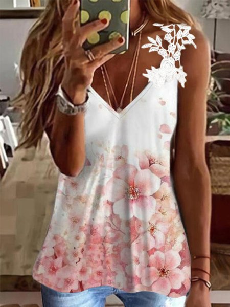 

Floral V Neck Knit Tank Tops, White, Tank Top