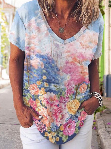 

Casual Floral Print V-Neck Short Sleeve T-shirt, As picture, T-shirts