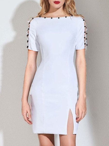 

Plain Elegant Boat Neck Long Sleeve Woven Mini Dress, White, Mini Dresses