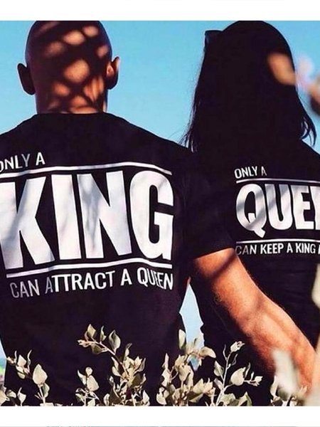 

ONLY A KING & QUEEN Cotton Crew Neck Couple T-Shirts, Black, Couple T-shirts