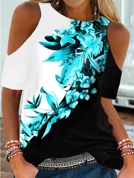 

Floral Boho Off The Shoulder Short Sleeve T-Shirt, Black, T-Shirts