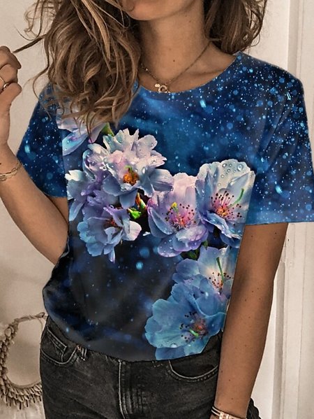 

Floral Short Sleeves Crew Neck Plus Size Casual T-shirt, Blue, T-Shirts