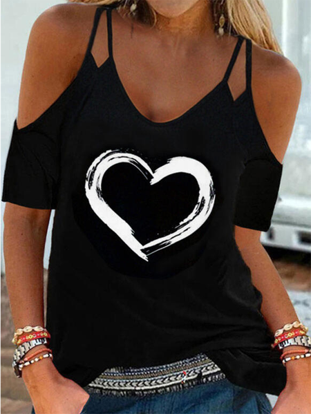 

Heart Spaghetti Casual Short Sleeve T-Shirt, Black, T-Shirts