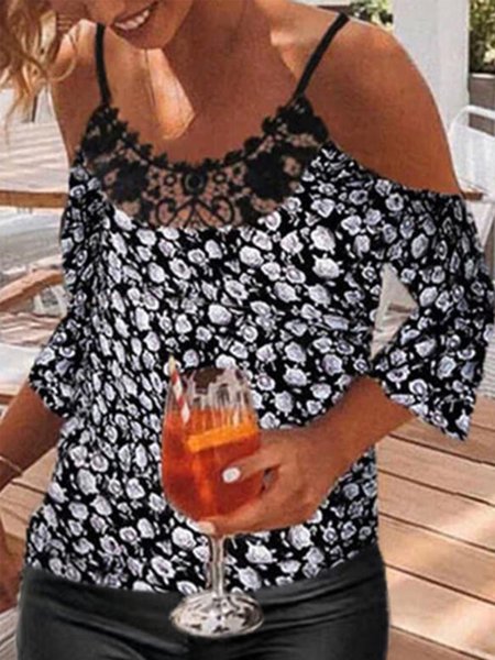 

Casual Lace Loosen Floral Short Sleeve Blouse Tops, Black, Tops