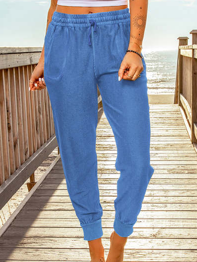 

Cotton Blends Plain Casual Pants, Blue, Pants