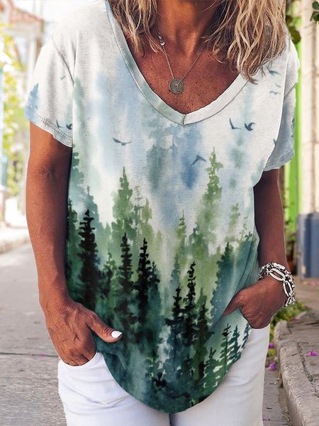 

Gradient Botanical Print V-Neck Short Sleeve T-Shirt, As picture, T-shirts