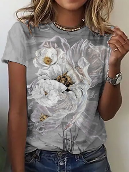 

Floral Short Sleeves Crew Neck Plus Size Casual T-shirt, Gray, T-Shirts