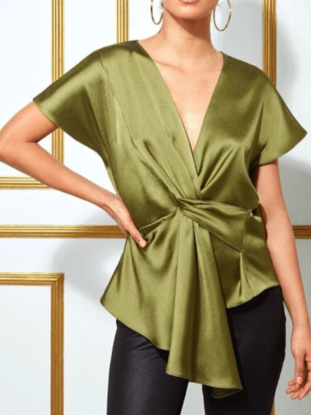 

Summer V neck Lightweight Plain Loosen Short Sleeve Daily Tops, Green, Tops