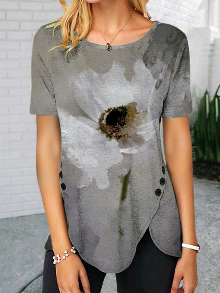

Floral Short Sleeves Crew Neck Plus Size Casual T-Shirt, Gray, T-Shirts